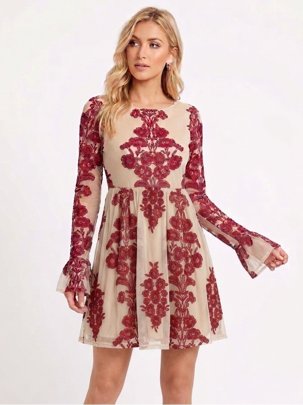 For Love & Lemons Temecula Embroidered Mesh Mini Dress Wine Size XS